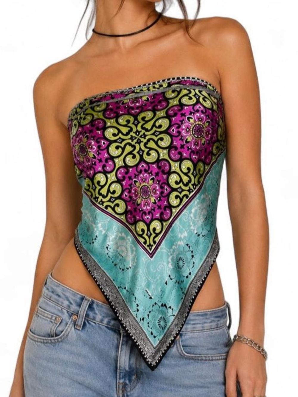 Boho Fairy Paisley Wrap Y2K Handkerchief Halter Bandana Top Aqua Pink Green One